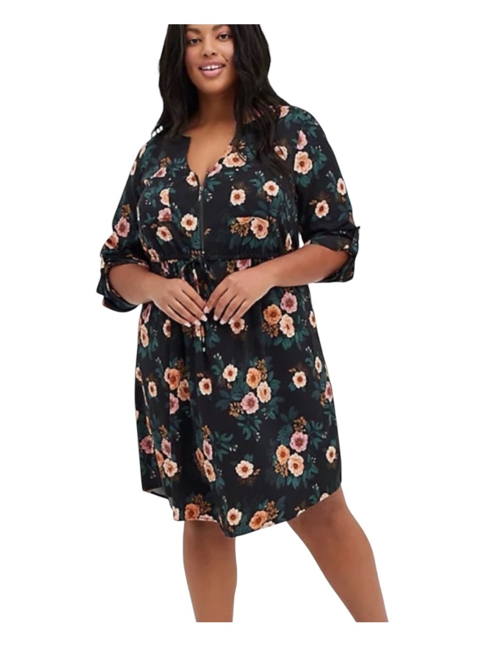 Torrid multicolor floral black dress with ¼ zip front & tie waist 0 (12)